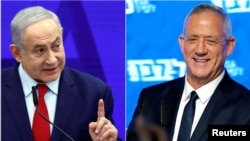 Le Premier ministre israélien Benjamin Netanyahu, à gauche, qui joue sa survie politique, est au coude-à-coude avec le parti centriste Bleu et blanc de Benny Gantz,à droite, ancien chef d'état-major de l'armée.

