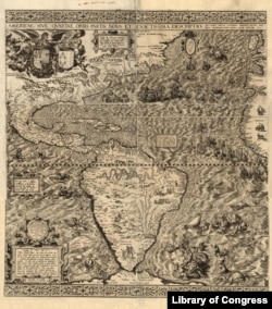 A map of the Americas in 1562, a collaboration by 16th Century Spanish cartographer Diego Gutiérrez and noted Antwerb engraver Hieronymus Cock.