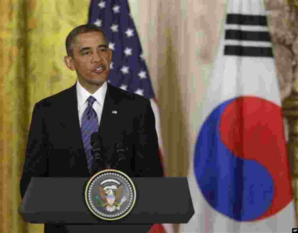 바락 오바마 미국 대통령이 7일 백악관 미·한 정상회담 후 열린 기자회견에서 발언하고 있다.
