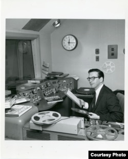 Voice of America radio DJ Willis Conover in his booth. Credit: Courtesy of the Willis Conover Collection, University of North Texas Music Library.