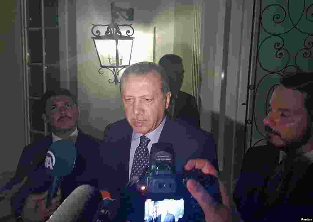 Turkish President Tayyip Erdogan speaks to media after a coup attempt, in the resort town of Marmaris, Turkey, July 15, 2016.