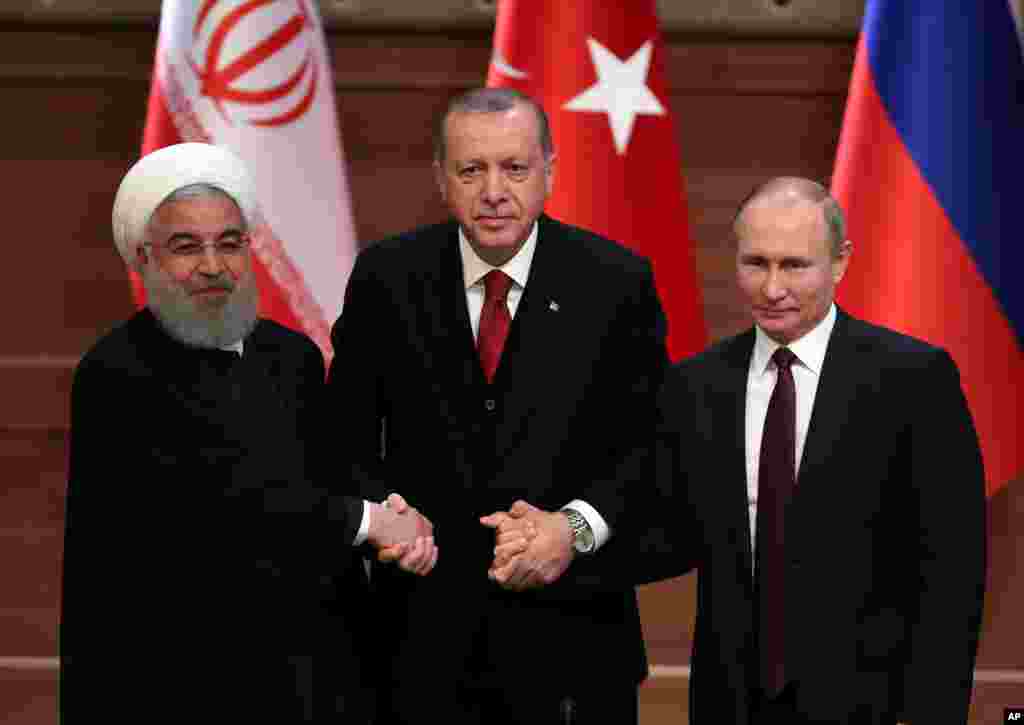 Eron Prezident Hasan Ruhoniy, Turkiya Prezidenti Rajab Toyib Erdog&#39;an va Rossiya Prezidenti Vladimir Putin Anqarada uchrashmoqda, 4-aprel, 2018-yil