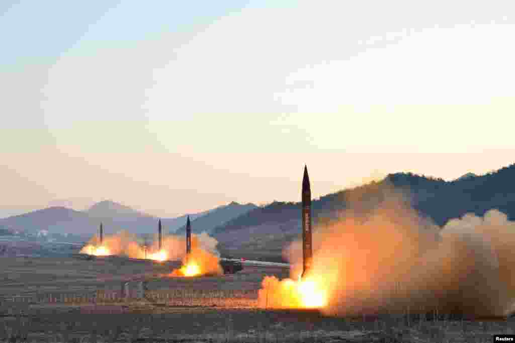 North Korea launches four ballistic rockets in this undated photo released by North Korea&#39;s Korean Central News Agency (KCNA) in Pyongyang.