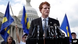 FILE - Rep. Joe Kennedy, D-Mass., speaks in support of transgender members of the military, July 26, 2017, on Capitol Hill in Washington.