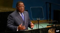 FILE - Gabon's then-Foreign Minister Emmanuel Issoze Ngondet addresses the United Nations General Assembly at U.N. headquarters, Sept. 24, 2016. Gabon President Ali Bongo promoted Ngondet to the post of Prime Minister on Wednesday.