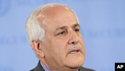 The Palestinian envoy to the U.N. Riyad Mansour speaks to reporters, Nov. 3, 2011 at United Nations headquarters.
