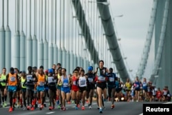 Men's elite runners make their way across the Verrazano-Narrows Bridge during the New York City Marathon in New York, Nov. 2, 2014.