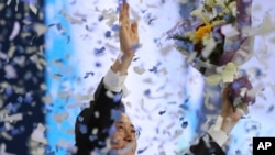 South Korea's opposition Democratic Party leader Moon Jae-in celebrates after winning the nomination as the party's presidential candidate during a party's presidential primary in Seoul, South Korea, April 3, 2017.