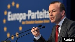 FILE - Manfred Weber, member of the CSU party and top candidate of the European People's Party (EPP) for the European elections speaks at a CSU party congress in Nuremberg, Germany, March 30, 2019. 