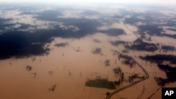 An aerial view of flooded land is seen at Dhanusha District, Nepal, Aug. 13, 2017. 