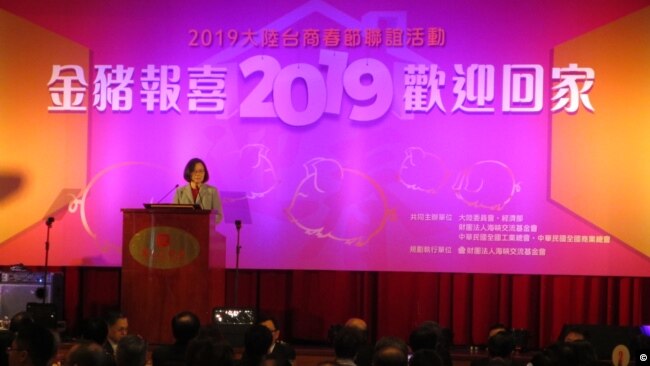 台湾总统蔡英文在2019大陆台商春节联谊活动上讲话 