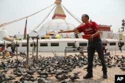 In this May 9, 2019 photo, Apa Sherpa feeds pigeons in Boudhanath Stupa in Kathmandu, Nepal. Apa Sherpa has stood on top of the world more times than all but one other person.
