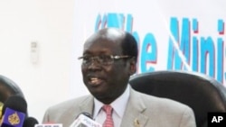 South Sudan Information Minister Barnaba Marial Benjamin at a press conference in Juba, Southern Sudan. (File Photo)