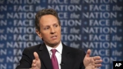 In this photo provided by CBS News, U.S. Treasury Secretary Timothy Geithner talks about the debt crisis on CBS's "Face the Nation" in Washington, July 10, 2011