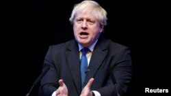 Boris Johnson speaks at the Conservative Home fringe meeting at the Conservative Party Conference in Birmingham, Britain, Oct. 2, 2018. 