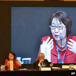 Former Japan Foreign Minister Yoriko Kawaguchi, speaking in Seoul, South Korea, Dec. 12, 2011.