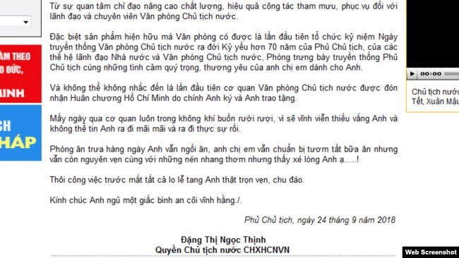 Bài viết của quyền Chủ tịch Đặng Thị Ngọc Thịnh về sự ra đi của ông Trần Đại Quang trên trang web của Văn phòng Chủ tịch nước.