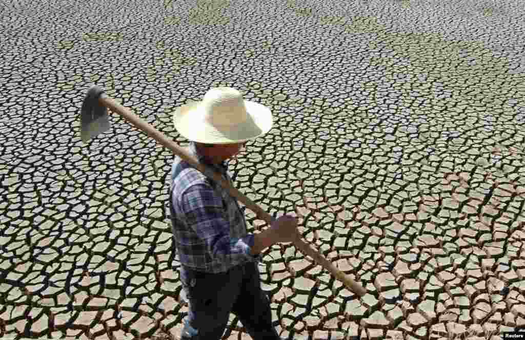 A farmer carrying a hoe walks past a dried-up pond in Shilin Yi Autonomous County of Kunming, Yunnan province, China, Feb. 28, 2013. 