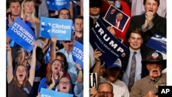 This combination of photos shows supporters of Democratic presidential candidate Hillary Clinton in Tempe, Ariz., Nov. 2, 2016, and supporters of Republican presidential candidate Donald Trump in Baton Rouge, La., Feb. 11, 2016. 