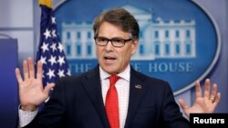 FILE - U.S. Energy Secretary Rick Perry speaks to reporters during a briefing at the White House in Washington.
