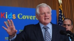 Senator Kennedy discusses children's health insurance legislation during a news conference on Capitol Hill