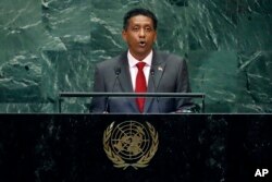 Seychelles President Danny Faure addresses the 73rd session of the United Nations General Assembly, at U.N. headquarters, Sept. 25, 2018.