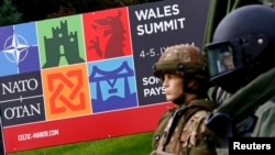 Mannequins of British soldiers dressed in combat gear are displayed at the entrance of the golf course of the Celtic Manor Hotel ahead of the NATO summit in Newport, Wales, September 3, 2014.