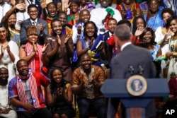 FILE - President Barack Obama is welcomed by Young African Leaders Initiative participants as they shout, "Happy birthday," in Washington, Aug. 3, 2016.