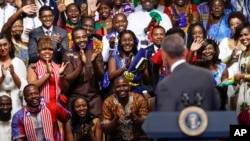 President Barack Obama is welcomed by the Young African Leaders Initiative as they shout "happy birthday," in Washington, Aug. 3, 2016.