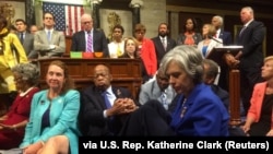 A photo shot and tweeted from the floor of the U.S. House of Representatives shows Democratic members of the House staging a sit-in on the House floor "to demand action on common sense gun legislation" on Capitol Hill, in Washington, June 22, 2016. 