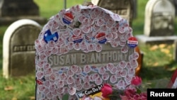 The grave of women's suffrage leader Susan B. Anthony is covered with "I Voted" stickers left by voters in the U.S. presidential election, at Mount Hope Cemetery in Rochester, New York, November 8, 2016.