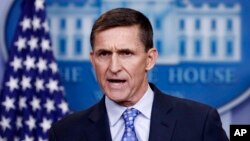 FILE - National Security Adviser Michael Flynn speaks during the daily news briefing at the White House, in Washington, Feb. 1, 2017.