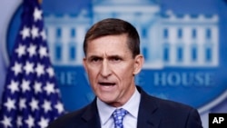 National Security Adviser Michael Flynn speaks during the daily news briefing at the White House, in Washington, Feb. 1, 2017. 