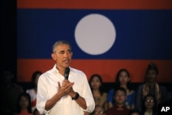 U.S. President Barack Obama speaks to audience during the Young Southeast Asian Leaders Initiative (YSEALI) town hall meeting at Souphanouvong University in Luang Prabang, Laos, Wednesday, Sept. 7, 2016. (AP Photo/Hau Dinh)