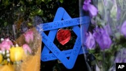 FILE - A Star of David fashioned from ice pop sticks hangs from bushes outside the Tree of Life Synagogue in Pittsburgh, Nov. 20, 2018. 
