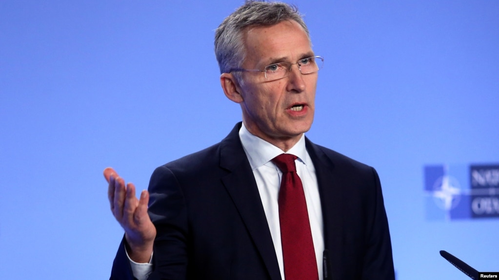 NATO Secretary-General Jens Stoltenberg holds a news conference after a meeting with the ambassadors at the Alliance headquarters in Brussels, Belgium, Nov. 26, 2018.