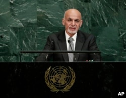FILE - Afghanistan's President Ashraf Ghani addresses the United Nations General Assembly at the United Nations headquarters, Sept. 19, 2017.