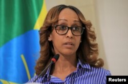 FILE - Billene Seyoum, the press secretary for Ethiopia's prime minister, addresses a news conference, in Addis Ababa, Ethiopia, June 9, 2021.