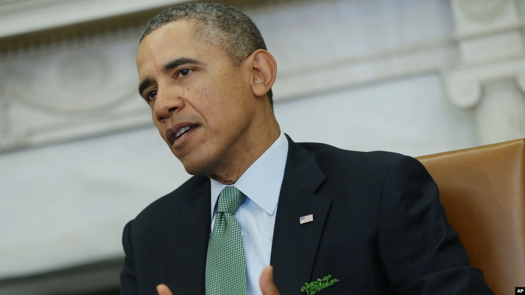 President Barack Obama makes a statement to reporters about Ukraine during his meeting with Irish Prime Minister Enda Kenny in the Oval Office, March 14, 2014.