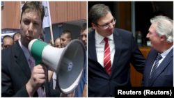 Aleksandar Vučić tokom protesta pred zgradom u kojoj je bio B92 2008. i Aleksandar Vučić u društvu zvaničnika EU Žana Aselborna 2015.