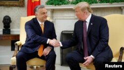 President Donald Trump, right, greets Hungary's Prime Minister Viktor Orban in the Oval Office at the White House in Washington, May 13, 2019. 