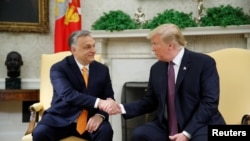 FILE - Then-President Donald Trump greets Hungary's Prime Minister Viktor Orban in the Oval Office at the White House in Washington, May 13, 2019.