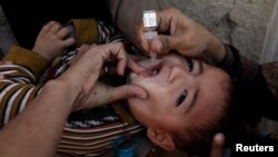 A boy receives polio vaccine drops by anti-polio vaccination workers along a street in Quetta, Pakistan, Jan. 2, 2017. 