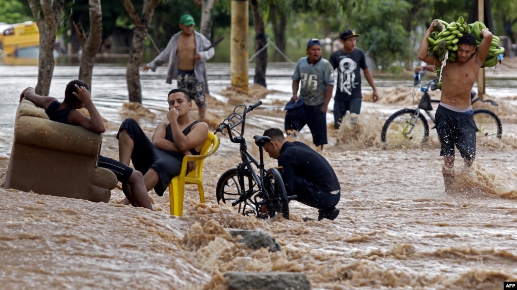 A yougster carries bananas as he wades near men sitting at a flooded street in El Progreso, department of Yoro, Honduras on November 18, 2020, after the passage of Hurricane Iota, now downgraded to Tropical Storm. 