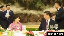 박근혜 한국 대통령(왼쪽)과 시진핑 중국 국가주석이 2일 베이징 인민대회당에서 열린 한·중 정상회담을 마치고 나서 오찬을 하며 대화하고 있다. 