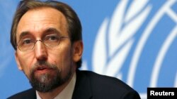 FILE - Jordan's Prince Zeid Ra'ad Zeid al-Hussein, U.N. High Commissioner for Human Rights pauses during a news conference at the United Nations European headquarters in Geneva, Oct. 16, 2014. 