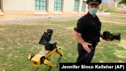 Supervisor Joseph O’Neal of the Honolulu Police Department's community outreach division demonstrates a robotic dog in Honolulu, Friday May 14, 2021. (AP Photo/Jennifer Sinco Kelleher)