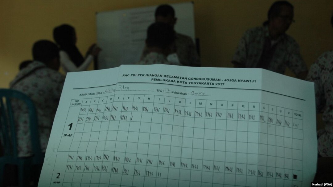 Kertas perhitungan suara milik kontestan dalam Pemilihan Walikota Yogyakarta tahun 2017. (Foto: VOA/Nurhadi)
