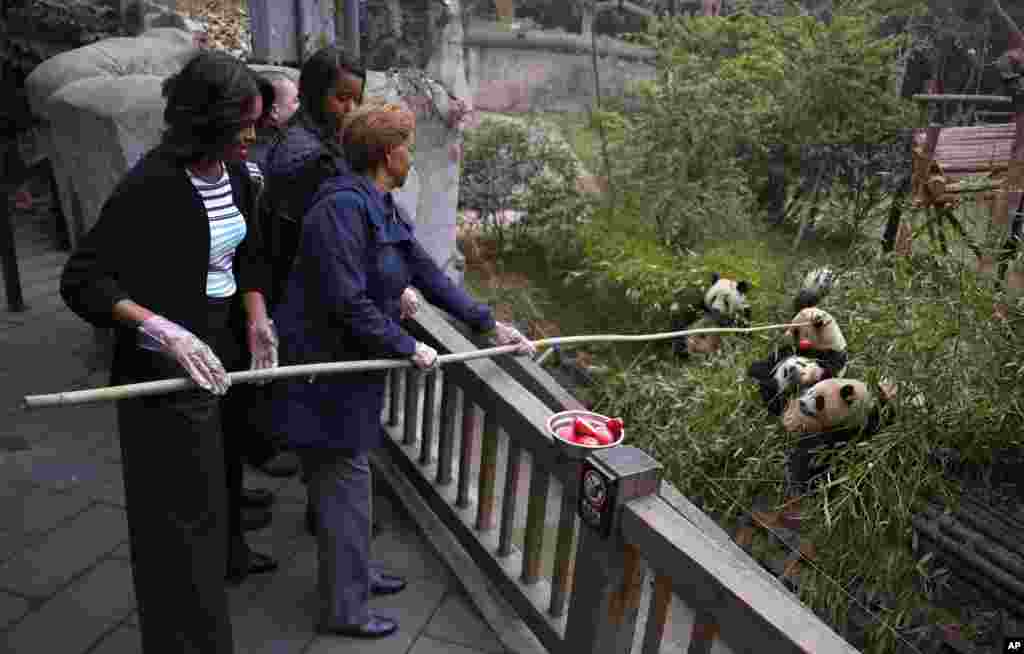 U.S. First Lady Michelle Obama, left, and her mother Marian Robinson, right, feed apple to giant pandas during their visit at Giant Panda Research Base in Chengdu, Sichuan province, China.