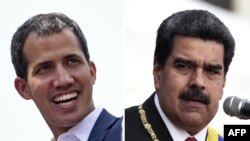 Ifoto w'uwutavugarumwe na reta Juan Guaido (Ibubamfu) hamwe na perezida Nicolas Maduro (Iburyo).